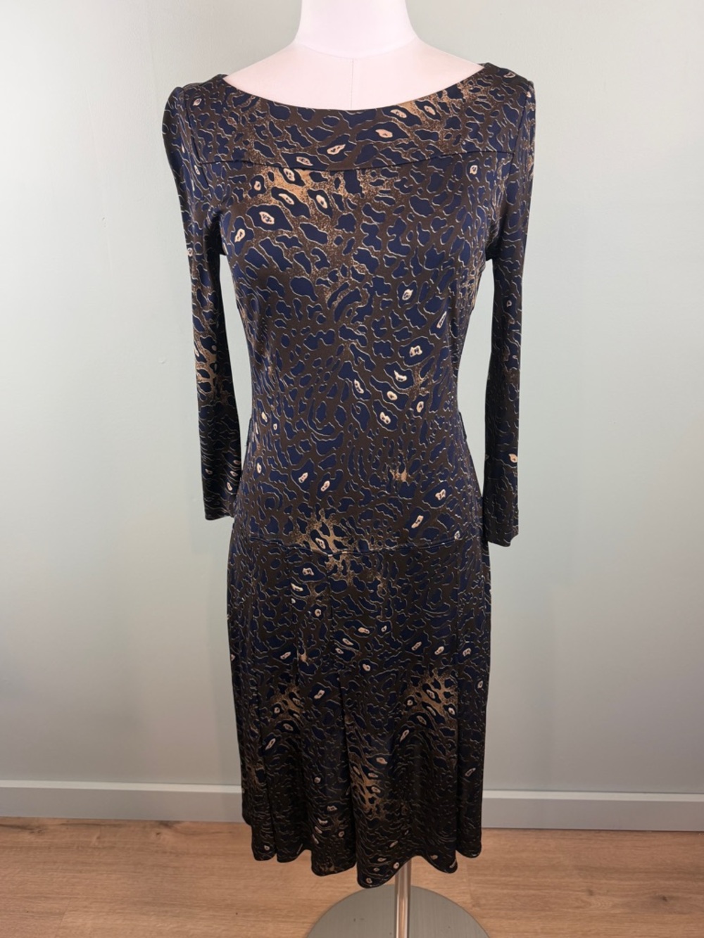 Tory Burch Denise Dress blue & brown abstract leopard print & a pleated skirt Sm